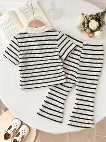 SHEIN LMoss Kids 女婴条纹Polo衫+喇叭裤两件套，休闲蝴蝶结印花套装 - 黑與白 - 查看 3