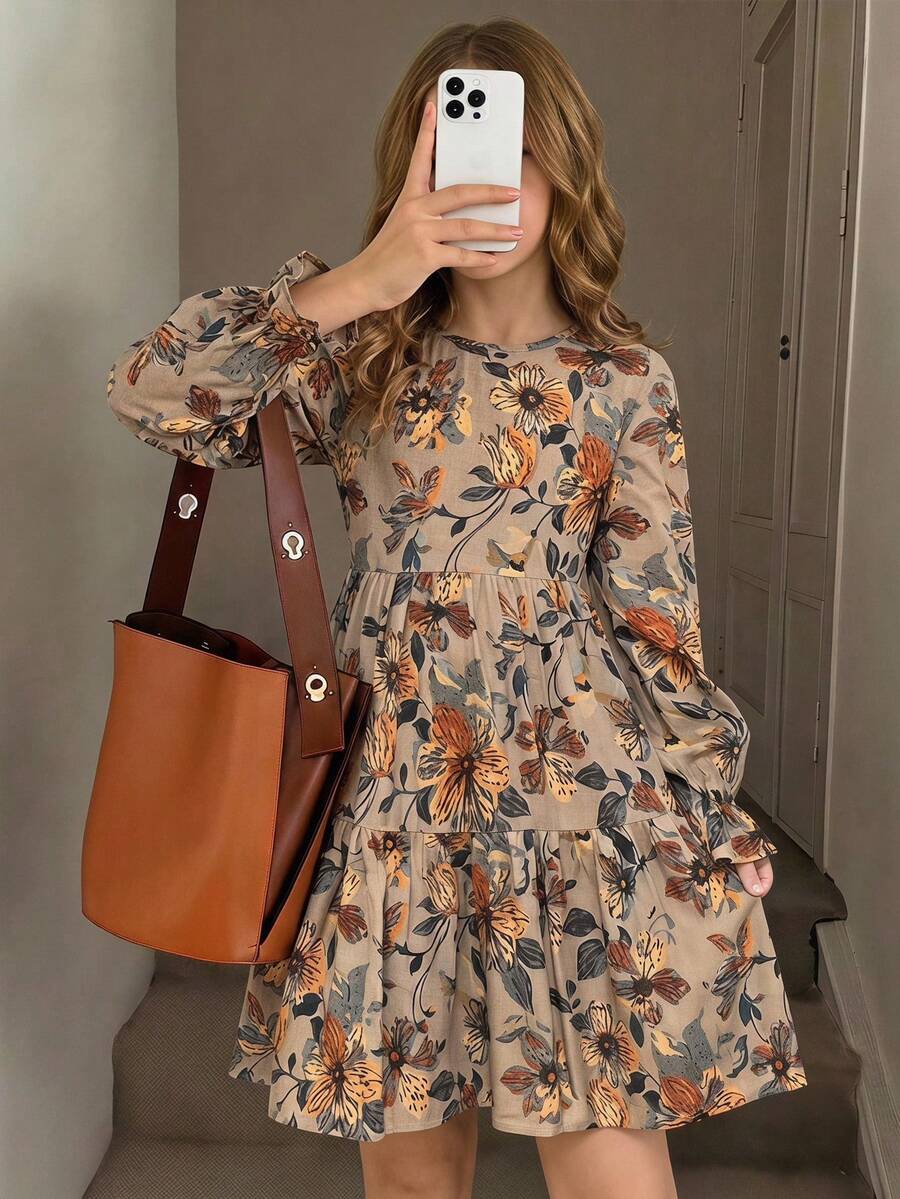SHEIN Tween Girls Floray Printed Puffy Long Sleeve With Ruffle Round Neck Dress, For Autumn Winter Daily Wear - Khaki - View 1