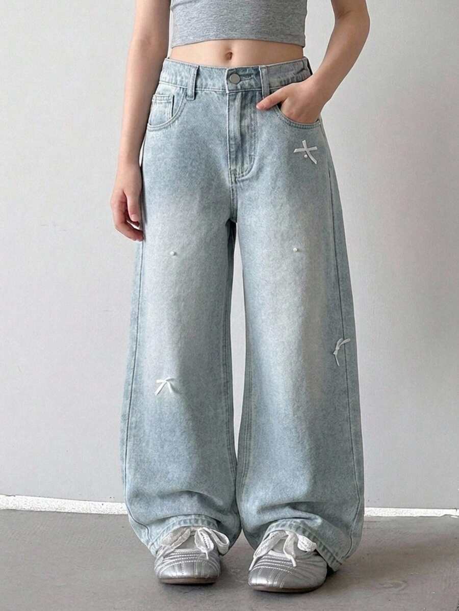 Dazy Kids Jeans de Mezclilla para Niñas Primavera/Verano Nuevo Estilo Bolsillo Trasero con Strass Acampanados (Grande) - Azul lavado medio - Ver 1