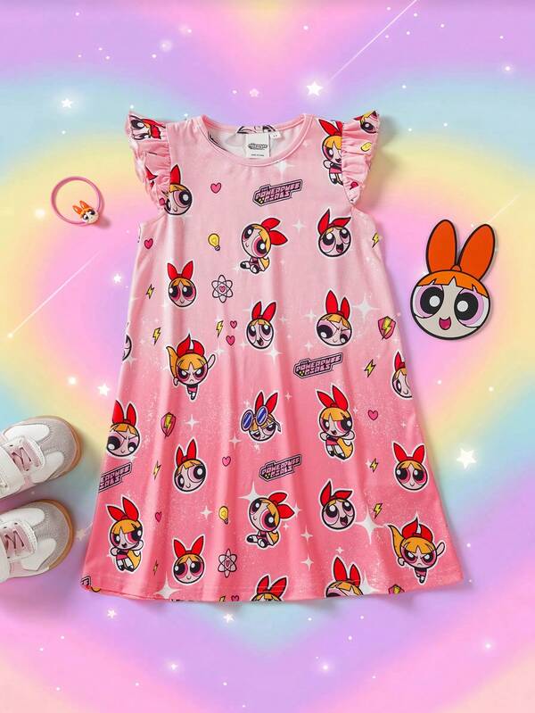 THE POWERPUFF GIRLS X SHEIN Young Girl Cartoon Print Round Neck Casual Daily Summer Dress