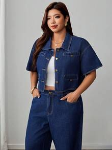 Elenzga Summer Elegant Deep Blue Non Stretch Button Front Collar Comfortable Daily Wear Office Commuting Plus Size Denim Top For Women - Dark Wash - View 4