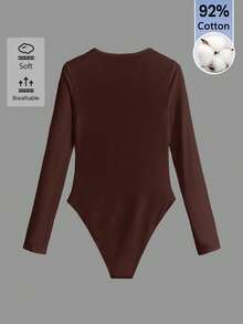 SHEIN BASICS 女款純色極簡百搭圓領長袖連身衣 - 咖啡棕 - 查看 2