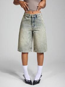SHEIN ICON Shorts de mezclilla de pierna recta lavados vintage para el verano - Azul lavado medio - Ver 1