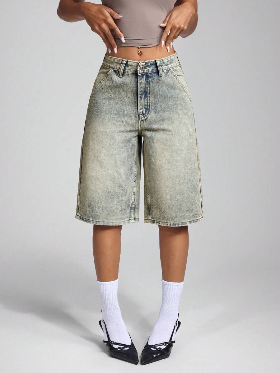 SHEIN ICON Shorts de mezclilla de pierna recta lavados vintage para el verano - Azul lavado medio - Ver 1