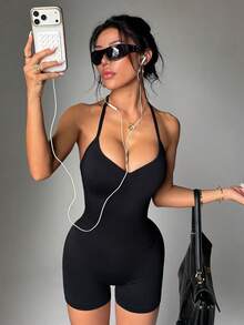 Gameset SHEIN Sport Women's Seamless Yoga Gym Sports Athletic Sexy Halter Neck Romper Black Summer - Black - View 8