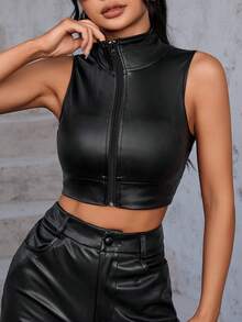 SHEIN ICON Zip Up Crop PU Tank Top - Black - View 8