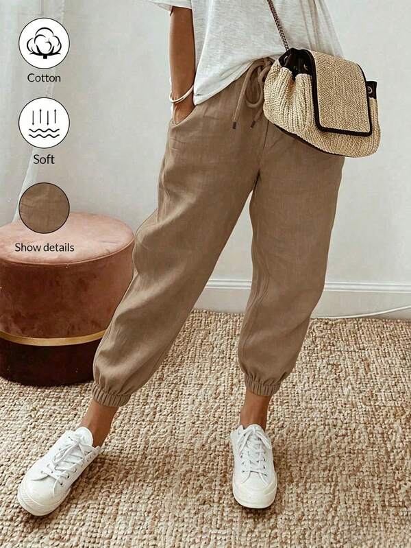 SHEIN Holidaya Women's Summer Casual Cotton Linen Cargo Pants,Loose Drawstring Elastic Waist Tapered Trousers,Soft Breathable Khaki Vacation Pants For Daily Wear