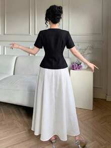 Modelyn Metal Button Closure Top & Contrasting Color Flared Skirt Suit - Black and White - View 5