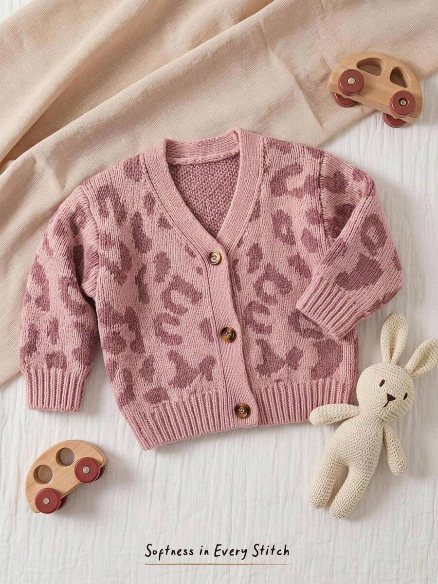 Cozy Pixies Baby Girl Leopard Print Single-Breasted Casual Versatile Daily Outing Long Sleeve Cardigan - Dusty Pink - View 1