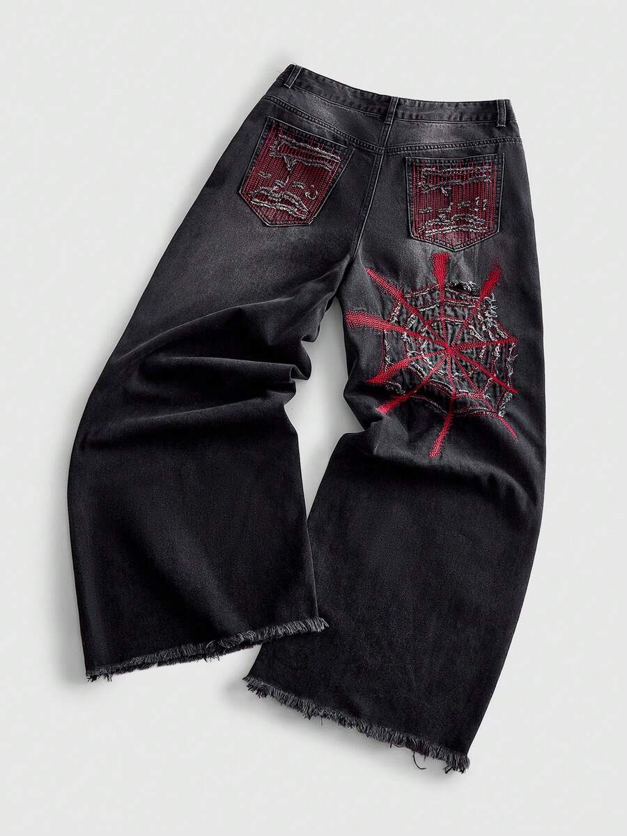 ROMWE MEN Men's Loose Fit Spider Web Embroidered Pattern Denim Jeans - Black - View 1
