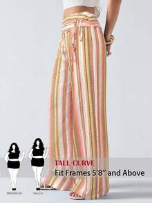SHEIN Tall CURVE CURVE 大尺碼女款條紋高腰寬腿寬鬆休閒長褲，適合高個子，夏季波希米亞風海灘度假優雅長褲 - 彩色 - 查看 1