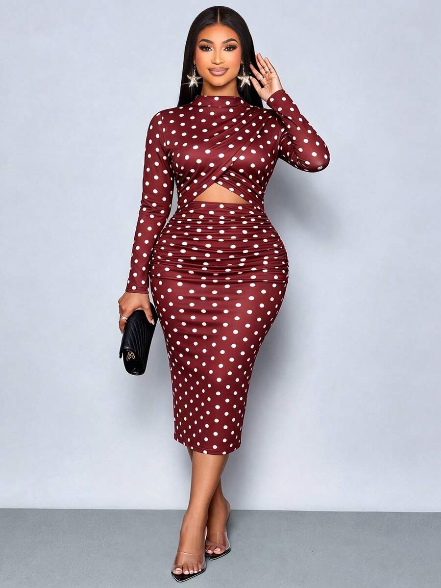 SOLERSUN Plus Size Women Polka Dot Ruched Long Sleeve Dress Daily Commute Shopping Autumn Party Night Burgundy Elegant Sexy - Coffee Brown - View 1