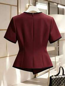 Franclia Blus Wanita Motif Blok Warna dengan Dekorasi Mutiara Imitasi, Kasual, Serbaguna untuk Pemakaian Sehari-hari - Burgundy - View 2