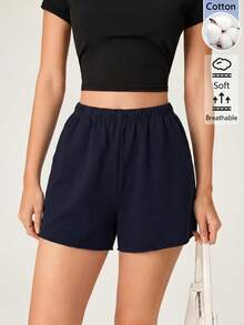 SHEIN BASICS 女款戶外休閒基礎款鬆緊腰短褲 夏季居家工作休閒褲 海軍藍 - 藏蓝色 - 查看 6