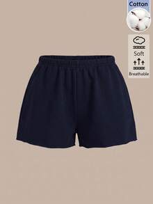 SHEIN BASICS 女款戶外休閒基礎款鬆緊腰短褲 夏季居家工作休閒褲 海軍藍 - 藏蓝色 - 查看 1