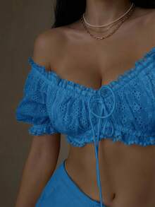 SHEIN SXY 女款法式性感短版鏤空刺繡綁帶上衣 - 藍色 - 查看 5
