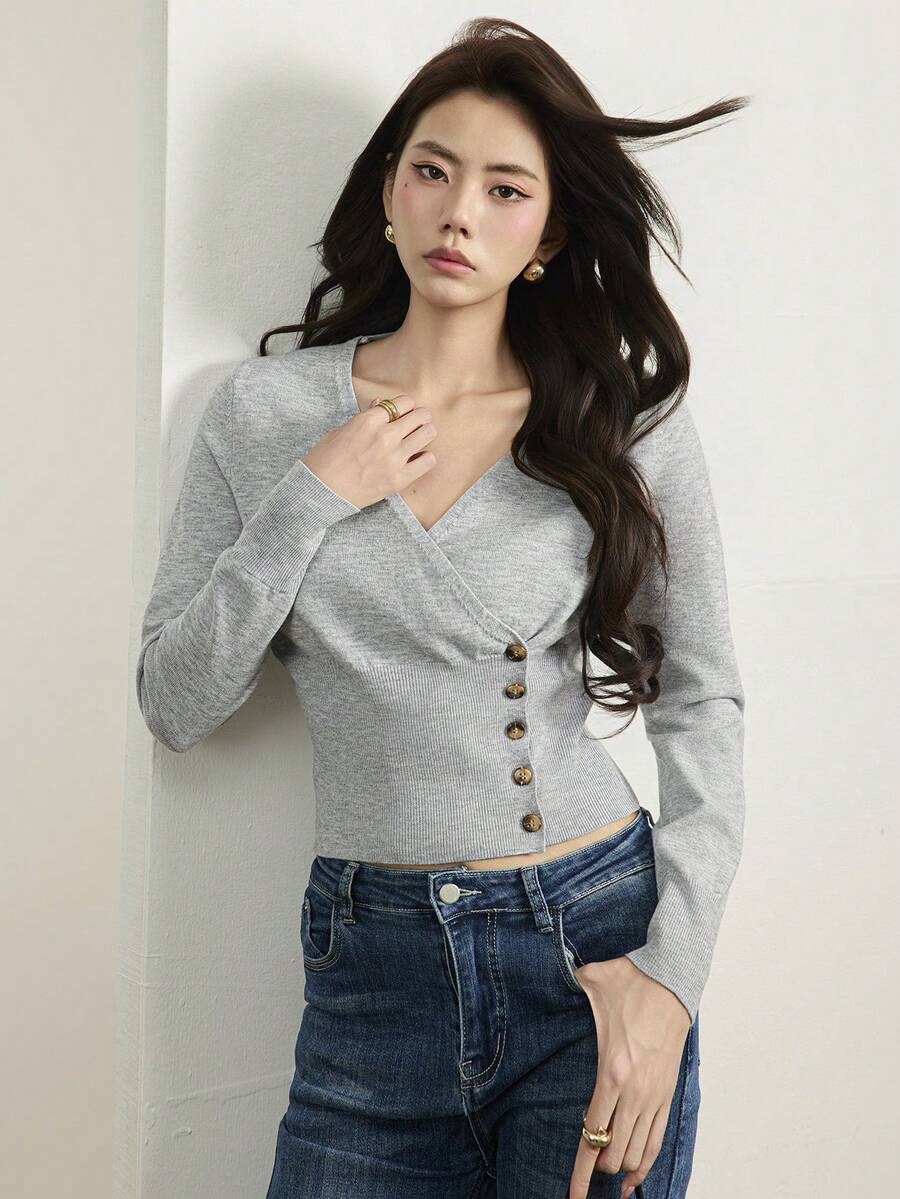 Heiryn New Spring Fall Vintage Wrap Knit Blouse Women V Neck Asymmetric Side Button Slim Heather Grey Daily T - Light Grey - View 1