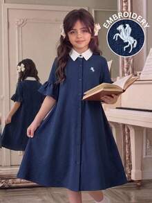 KidsTween Girl Casual Academy 7-Point Ruched Flare Long Sleeve Contrast Collar Small Logo Horse Embroidery A-Line Dress Navy Blue Deep Royal Blue Back To School Fashion Commute Street Style - Navy Blue - View 5