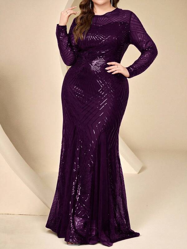 Coutiva Plus Size Women's Sequin Round Neck Long Sleeve Mermaid Hemline Glamorous Formal Evening Gown (Heavy Embellishment Style)