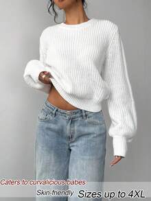 SHEIN BASICS 大尺碼女款純色圓領長袖休閒傳統毛衣，秋季正式教師風白色居家穿著 - 白色 - 查看 3
