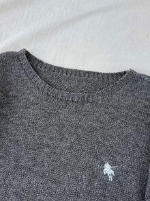 Girlism 青少年女孩秋冬休閒灰色素色刺繡小馬燈籠袖短版長袖圓領套頭毛衣 - 灰色 - 查看 3