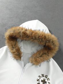 ROMWE MEN Street Life 男士哥德體十字藝術印花街頭風毛絨連帽衛衣 - 白色 - 查看 7