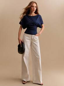 Willow Rêve Women's Short-Sleeve Gathered T-Shirt, Minimalist Top - Blue - View 4