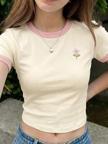 青少年女孩休閒簡約修身圓領短袖高腰短版基本款T恤，適合夏季，壓花T恤，波西米亞野花襯衫，植物襯衫，復古 - 彩色 - 查看 2
