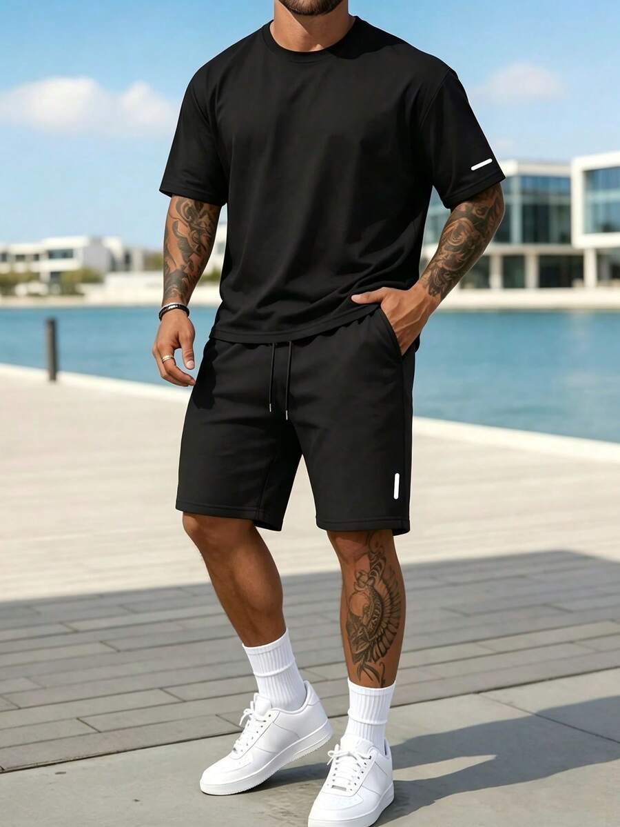 Gym Rark 2pcs Men's Summer Short Sleeve Outfit, Casual Sports Round Neck T-Shirt And Shorts Set, Gym - Black - View 1
