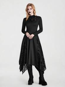 Breakform Gothic Halloween Stretch Top With Flocked Panels And Sheer Bell Sleeves-Vintage Architectural Print, Dark Romantic Style - Black - View 5