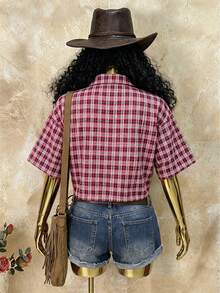 Rovax Women's Vintage Red Plaid Short-Sleeve Shirt, Y2K Style, Streetwear, Casual, Back-To-School. - Multicolor - View 2