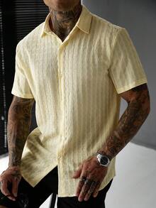 Manfinity CasualCool Men's Plus Size Solid Color Single-Breasted Short Sleeve Casual Commuter Shirt - Yellow - View 6
