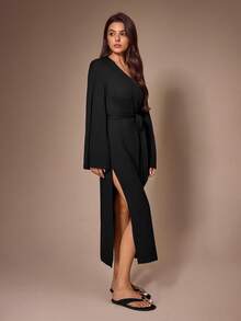 Lazeform Women's Lazy Comfortable Casual Classy Elegant Black Side Slit Loungewear Robe Lounge Formal Autumn - Black - View 3