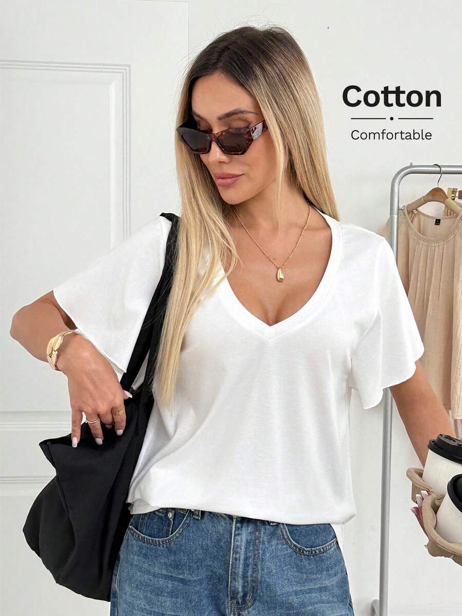 Easowa Women's Solid Color V-Neck Casual Versatile Everyday T-Shirt - White - View 1