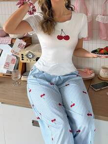 SweetSlumber Set Piyama Wanita INS Motif Garis-Garis Ceri yang Manis dan Menggemaskan dengan Trim Blok Warna, Nuansa Seru Gaya Y2K - MultiWarna - View 1