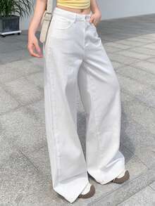DAZY Tween Girl Casual Versatile Solid Color Wide Leg Denim Jeans - White - View 5