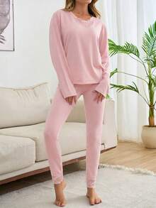 Loomlin 2pcs Cotton V Neck Lace Detail Homewear Set - Baby Pink - View 6