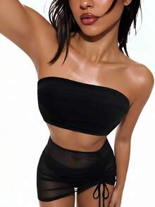 SHEIN Swim Ladies' Summer Beach Simple Solid Ruched Tube Bikini Set 3-Piece Set - Black - View 2