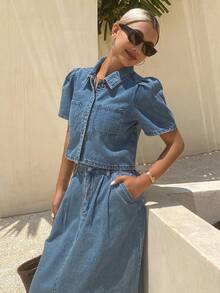 DAZY Women's Single-Breasted Short Sleeve Top And Skirt Casual Daily Denim Set Summer - Blue - View 5