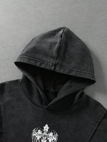 ROMWE MEN 男士深色哥德風十字架與翅膀印花連帽衛衣 - 黑色 - 查看 7