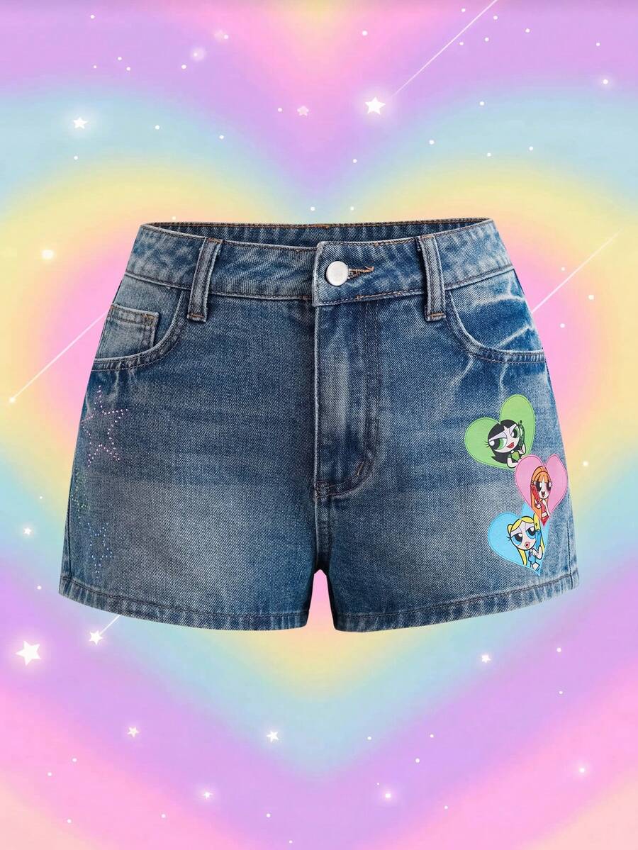 THE POWERPUFF GIRLS X SHEIN Women's Cartoon Pattern Pocket Casual Denim Shorts - Blue - View 1
