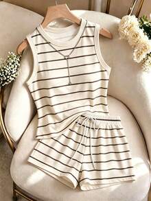 EMERY ROSE Plus Size Women's Striped Contrast Color Round Neck Tank Top And Drawstring Waist Casual Shorts 2-Piece Set - Multicolor - View 1