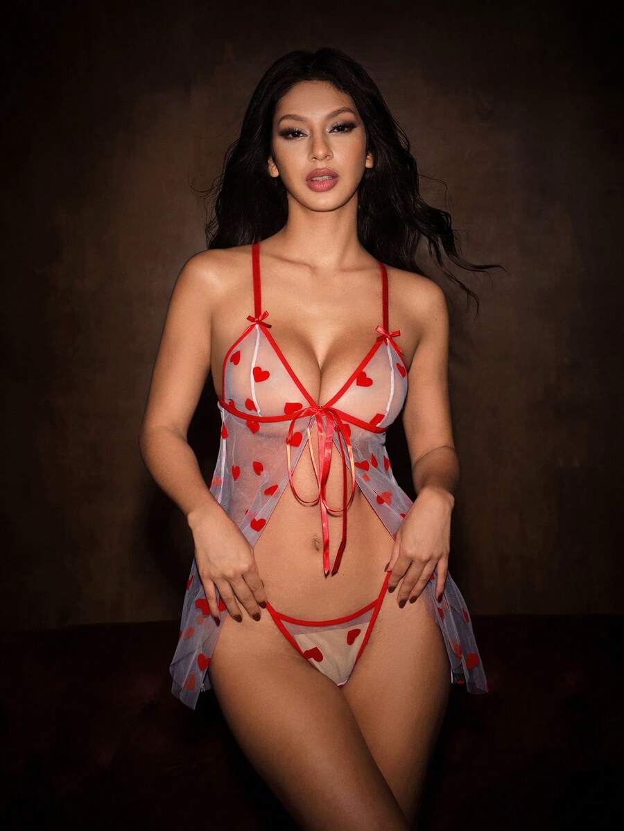 Bella Beso 2pcs Women's Sexy Floral Mesh Robe Set, Front Tie Bow Decor Lingerie Set, For Christmasfor Summer