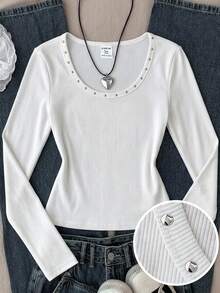 SHEIN 青少年女孩 T-Shirt 春秋冬新款 白色羅紋鉚釘裝飾 U領修身長袖 T-Shirt - 白色 - 查看 3