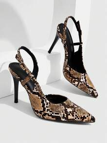 CUCCOO SZL Frühling und Herbst brauner Farbton Schlangenmuster spitz zulaufende Zehen dünne Absätze Knopf Slingback Schuhe Retro Spice Girl Stil Dating Einkaufen Abendessen Party - Khaki - Übersicht 1