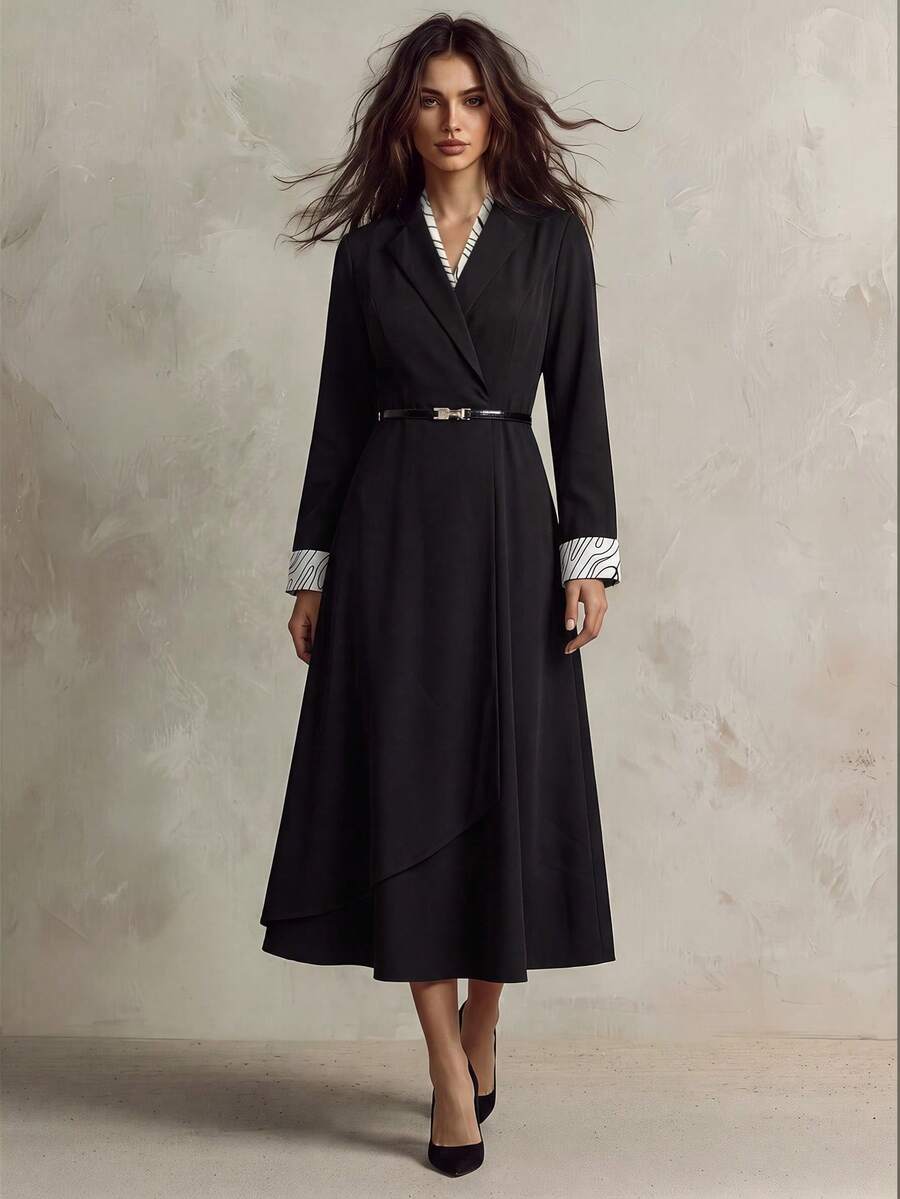 SHEIN Franclia 优雅长袖中长连衣裙,秋冬办公室通勤连衣裙 - 黑色 - 查看 1