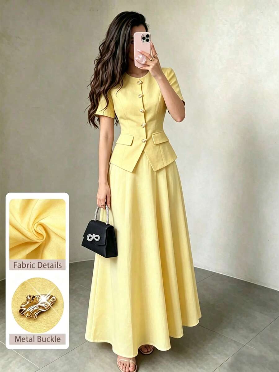 Modelyn 女款純色圓領短袖上衣與裙子休閒日常套裝 - 黃色 - 查看 1