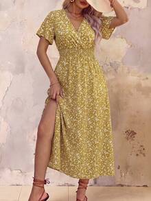 Roveilla Plus Size Dress With Ditsy Ditsy Floral, V-Neckline And Cinching Waist Maxi Women Outfit Wedding Guest Dinner Emerald Green Summer Casual Safari - Yellow - View 4