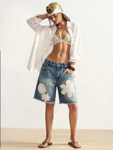 Bohemela Casual Solid Color Applique Vintage Denim Shorts For Women - Medium Wash - View 7
