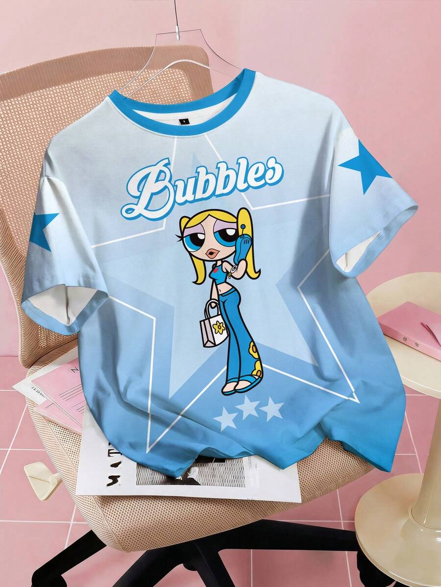 THE POWERPUFF GIRLS X SHEIN Women's Summer Casual Gradient Cartoon Print T-Shirt - White - View 1